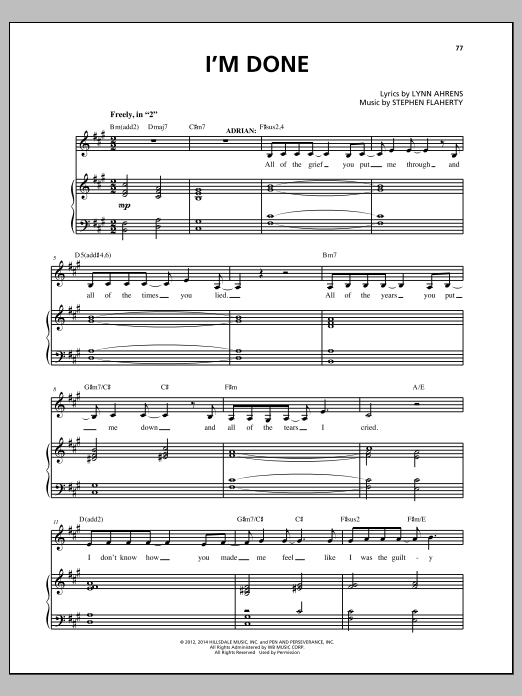 Lynn Ahrens and Stephen Flaherty I'm Done (from the musical Rocky) sheet music notes and chords arranged for Piano & Vocal