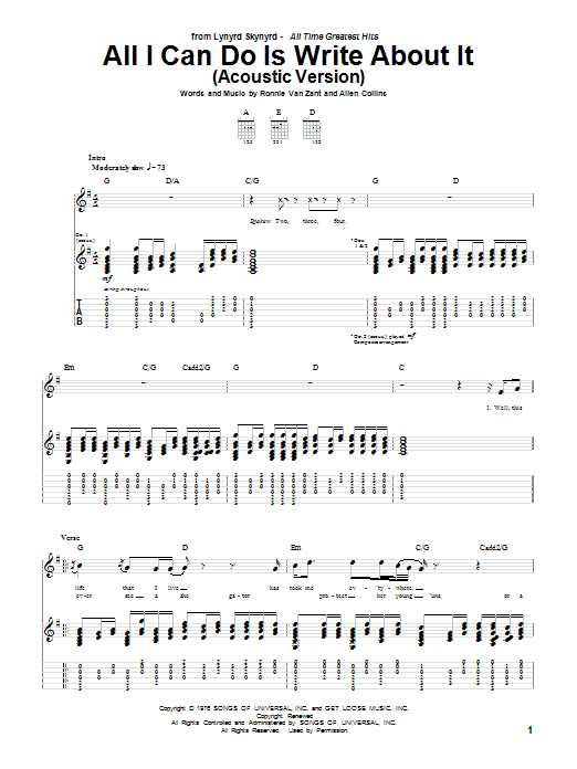 Lynyrd Skynyrd All I Can Do Is Write About It sheet music notes and chords arranged for Guitar Tab