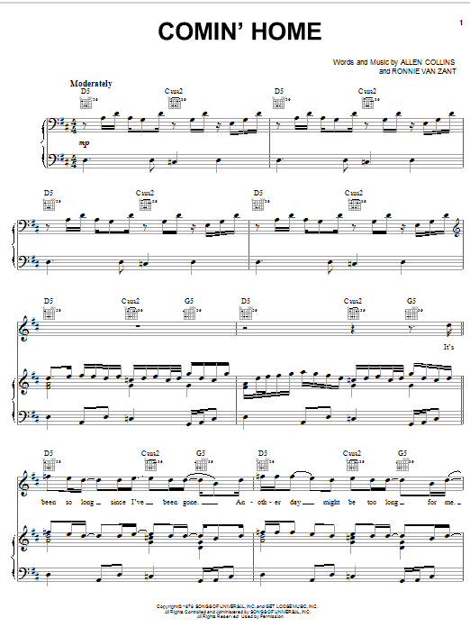 Lynyrd Skynyrd Comin' Home sheet music notes and chords arranged for Piano, Vocal & Guitar Chords (Right-Hand Melody)