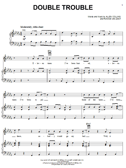 Lynyrd Skynyrd Double Trouble sheet music notes and chords arranged for Piano, Vocal & Guitar Chords (Right-Hand Melody)
