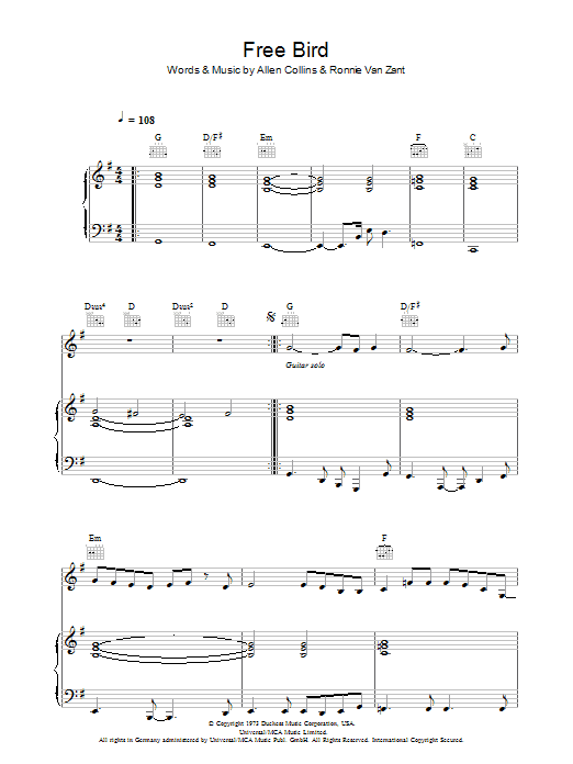 Lynyrd Skynyrd Free Bird sheet music notes and chords arranged for Clarinet Solo