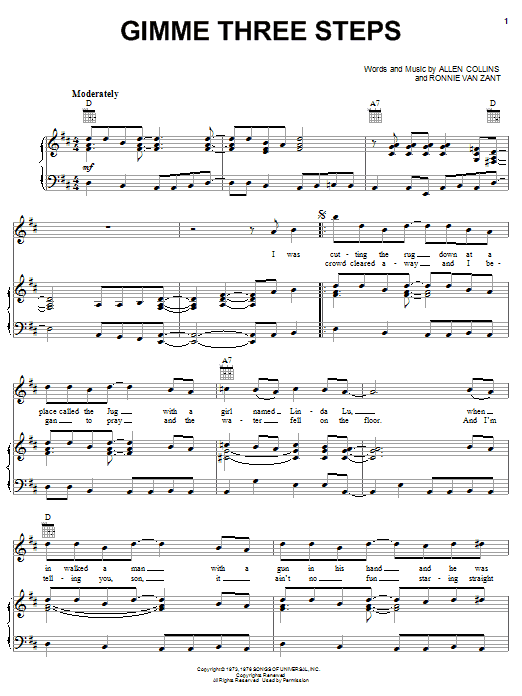 Lynyrd Skynyrd Gimme Three Steps sheet music notes and chords arranged for Guitar Chords/Lyrics