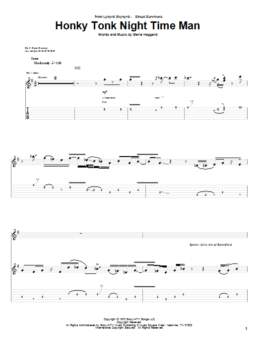 Lynyrd Skynyrd Honky Tonk Night Time Man sheet music notes and chords arranged for Guitar Tab