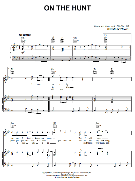 Lynyrd Skynyrd On The Hunt sheet music notes and chords arranged for Piano, Vocal & Guitar Chords (Right-Hand Melody)