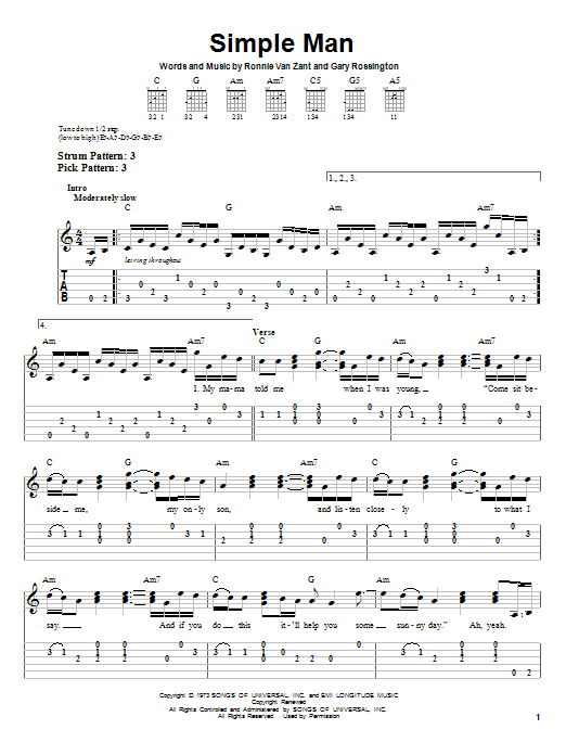 Lynyrd Skynyrd Simple Man sheet music notes and chords arranged for Guitar Tab