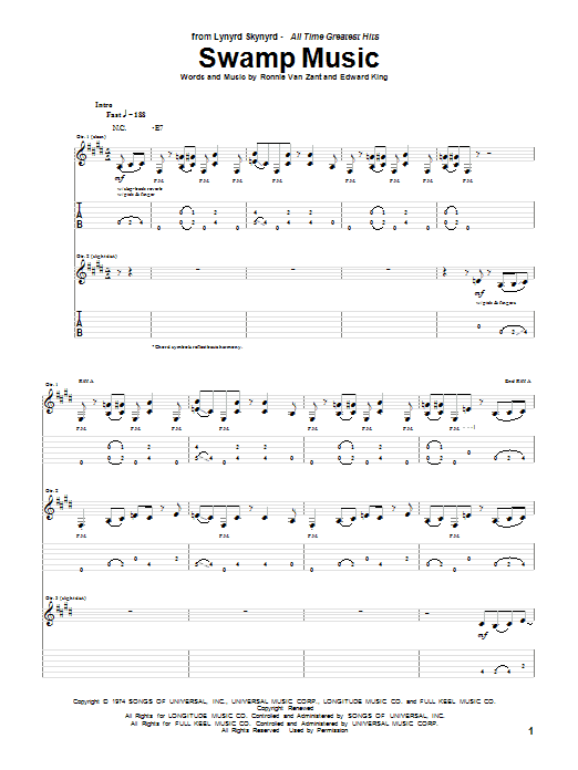 Lynyrd Skynyrd Swamp Music sheet music notes and chords arranged for Guitar Tab