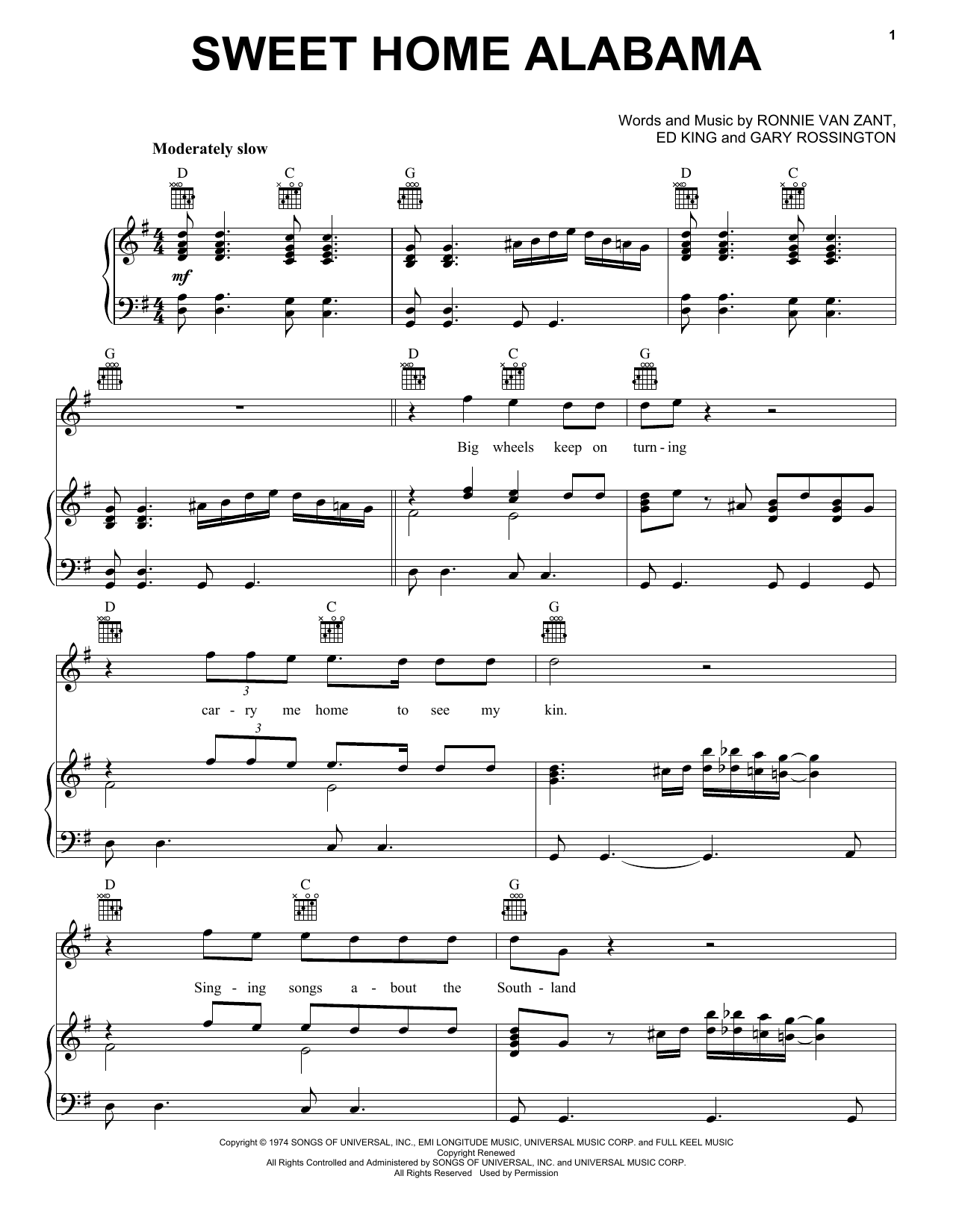 Lynyrd Skynyrd Sweet Home Alabama sheet music notes and chords arranged for Piano Solo