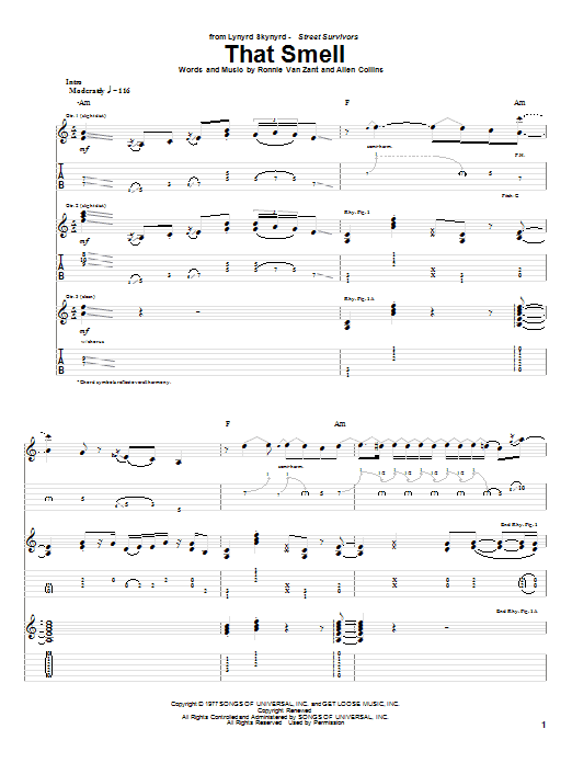 Lynyrd Skynyrd That Smell sheet music notes and chords arranged for Piano, Vocal & Guitar Chords (Right-Hand Melody)