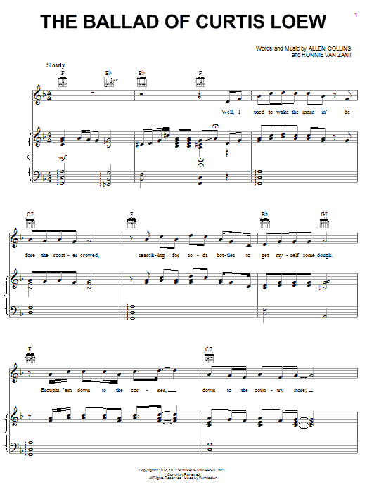 Lynyrd Skynyrd The Ballad Of Curtis Loew sheet music notes and chords arranged for Piano, Vocal & Guitar Chords (Right-Hand Melody)
