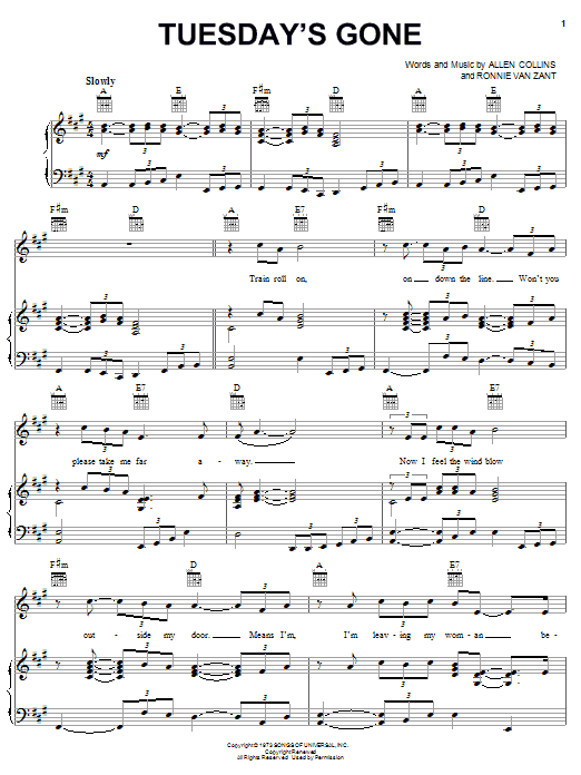 Lynyrd Skynyrd Tuesday's Gone sheet music notes and chords arranged for Easy Guitar Tab