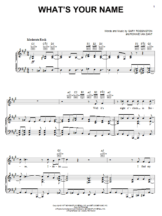 Lynyrd Skynyrd What's Your Name sheet music notes and chords arranged for Piano, Vocal & Guitar Chords (Right-Hand Melody)