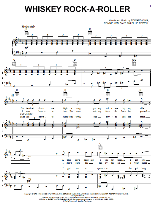 Lynyrd Skynyrd Whiskey Rock-A-Roller sheet music notes and chords arranged for Piano, Vocal & Guitar Chords (Right-Hand Melody)