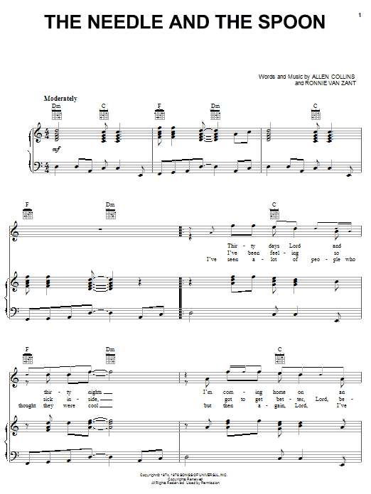 Lynyrd Skynyrd The Needle And The Spoon sheet music notes and chords arranged for Piano, Vocal & Guitar Chords (Right-Hand Melody)