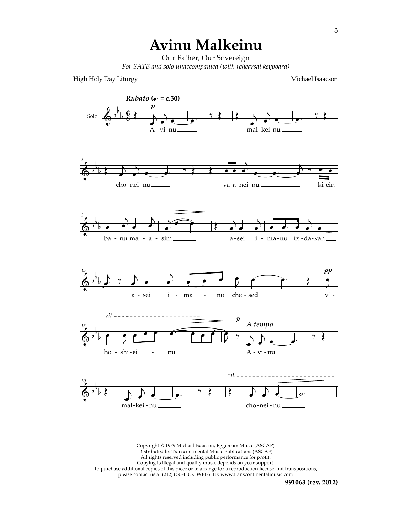 M Isaacson Avinu Malkeinu Cantor sheet music notes and chords arranged for SATB Choir