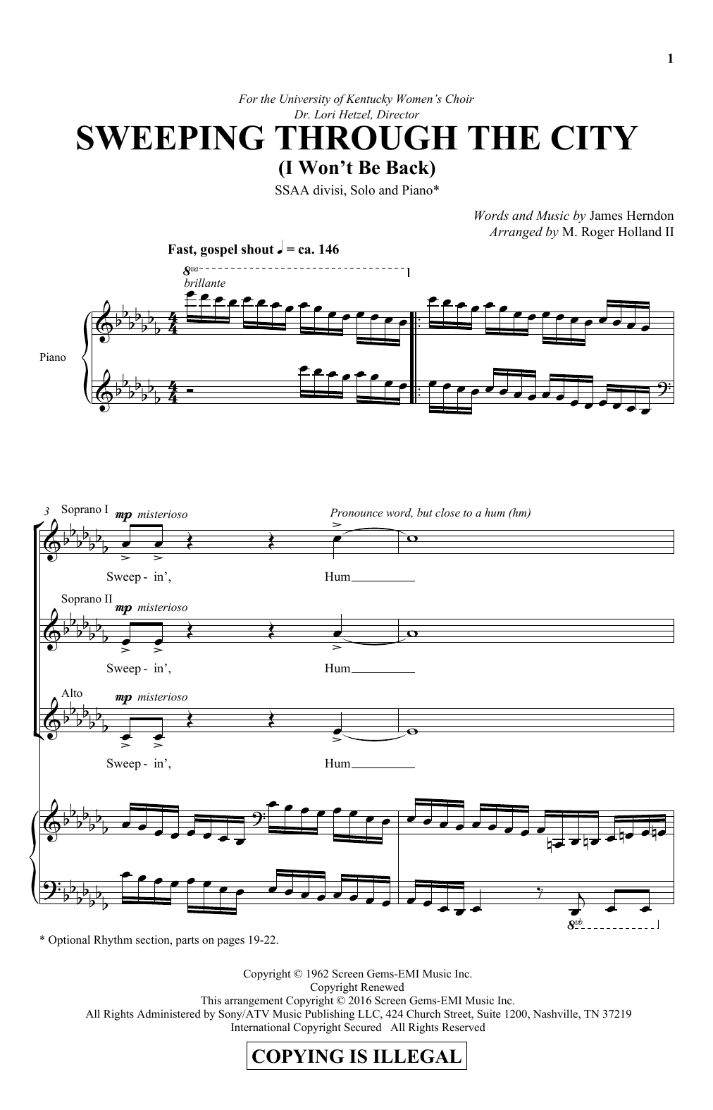 M. Roger Holland Sweeping Through The City (I Won't Be Back) sheet music notes and chords arranged for SSA Choir