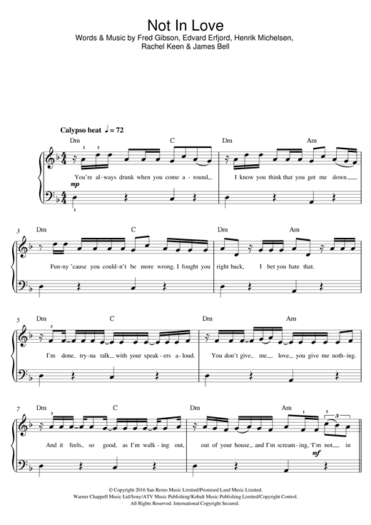 M.O Not In Love (feat. Kent Jones) sheet music notes and chords arranged for Beginner Piano
