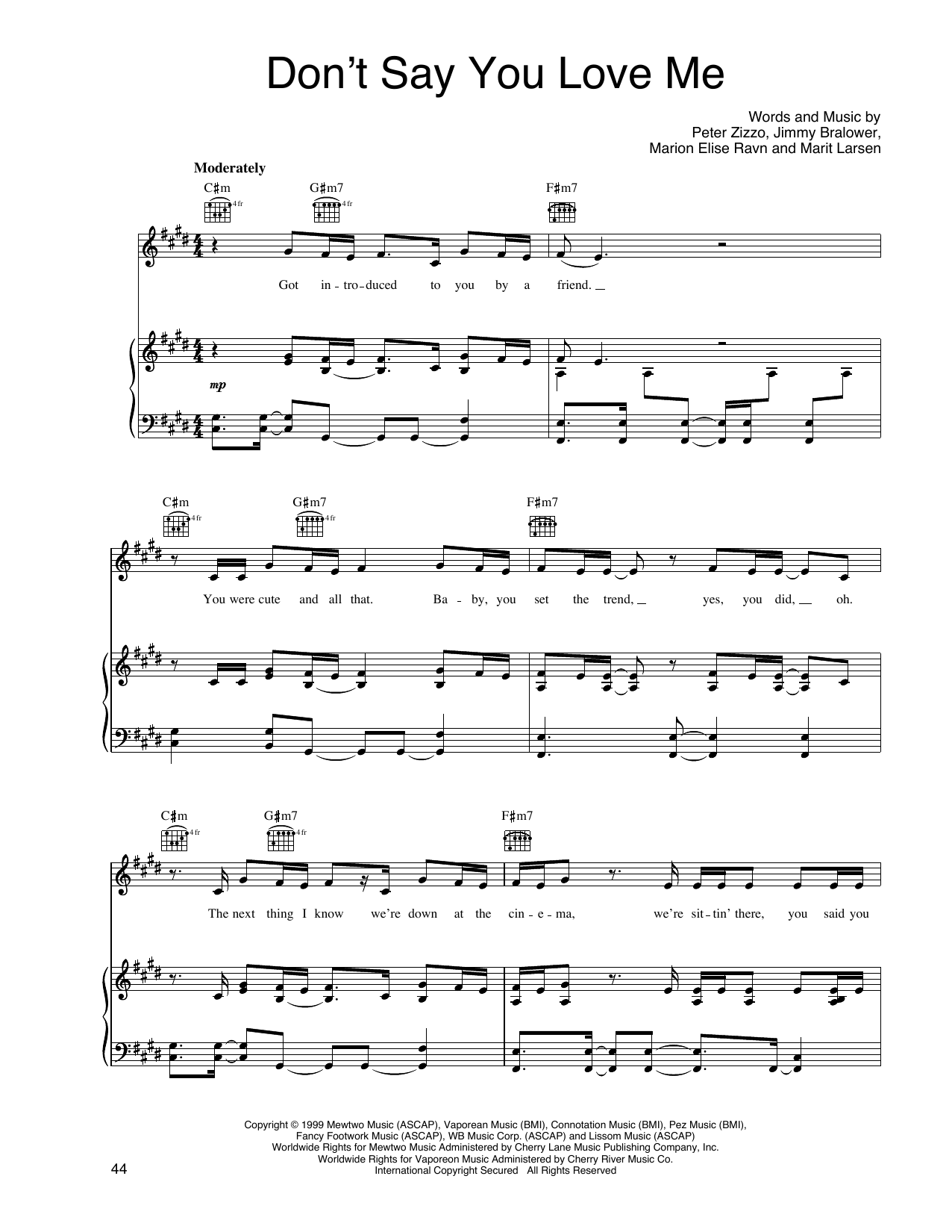 M2M Don't Say You Love Me sheet music notes and chords arranged for Piano, Vocal & Guitar Chords (Right-Hand Melody)