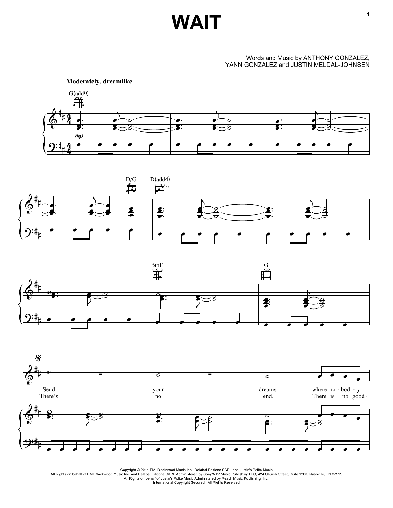 M83 Wait sheet music notes and chords arranged for Piano, Vocal & Guitar Chords (Right-Hand Melody)