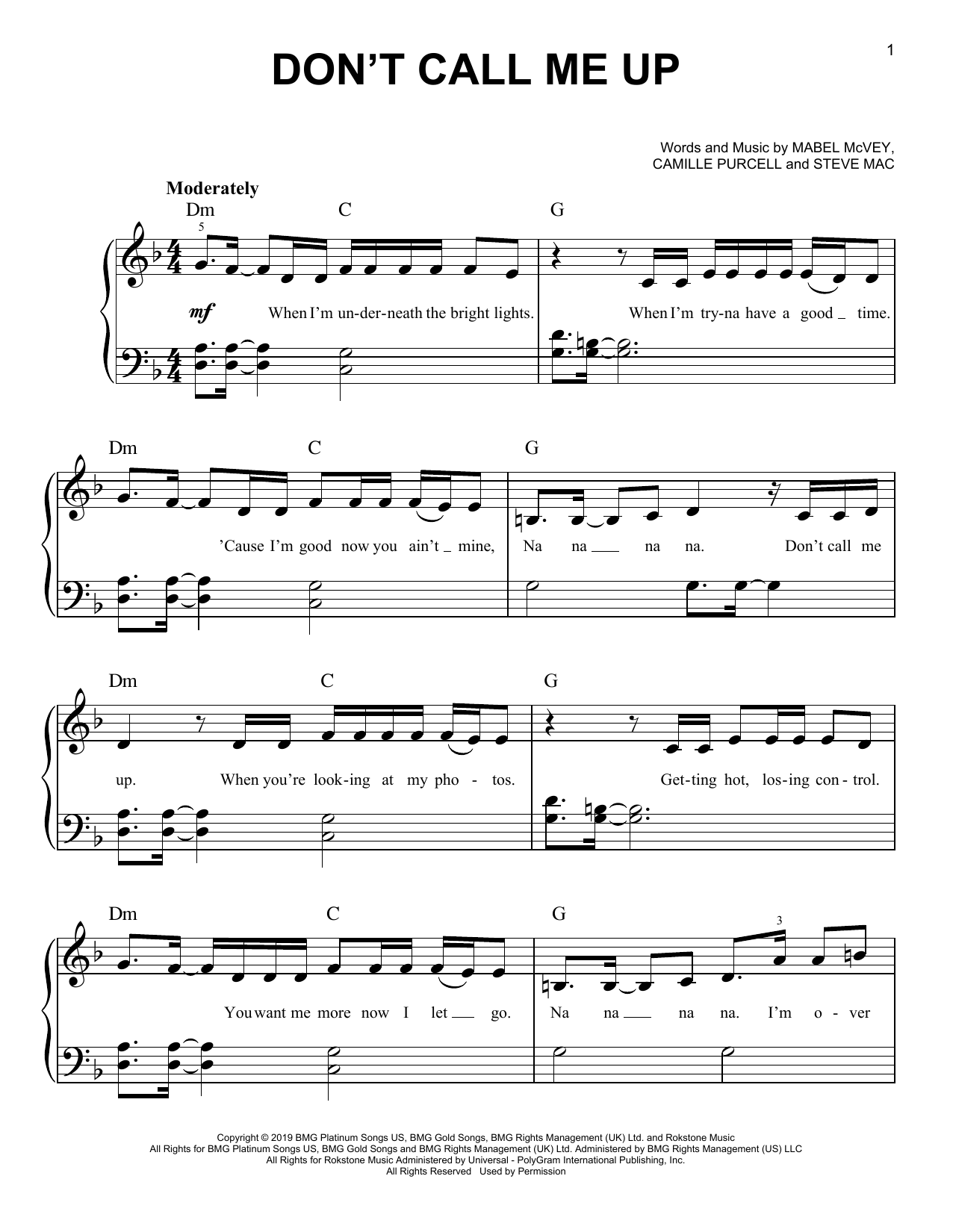 Mabel Don't Call Me Up sheet music notes and chords arranged for Really Easy Piano