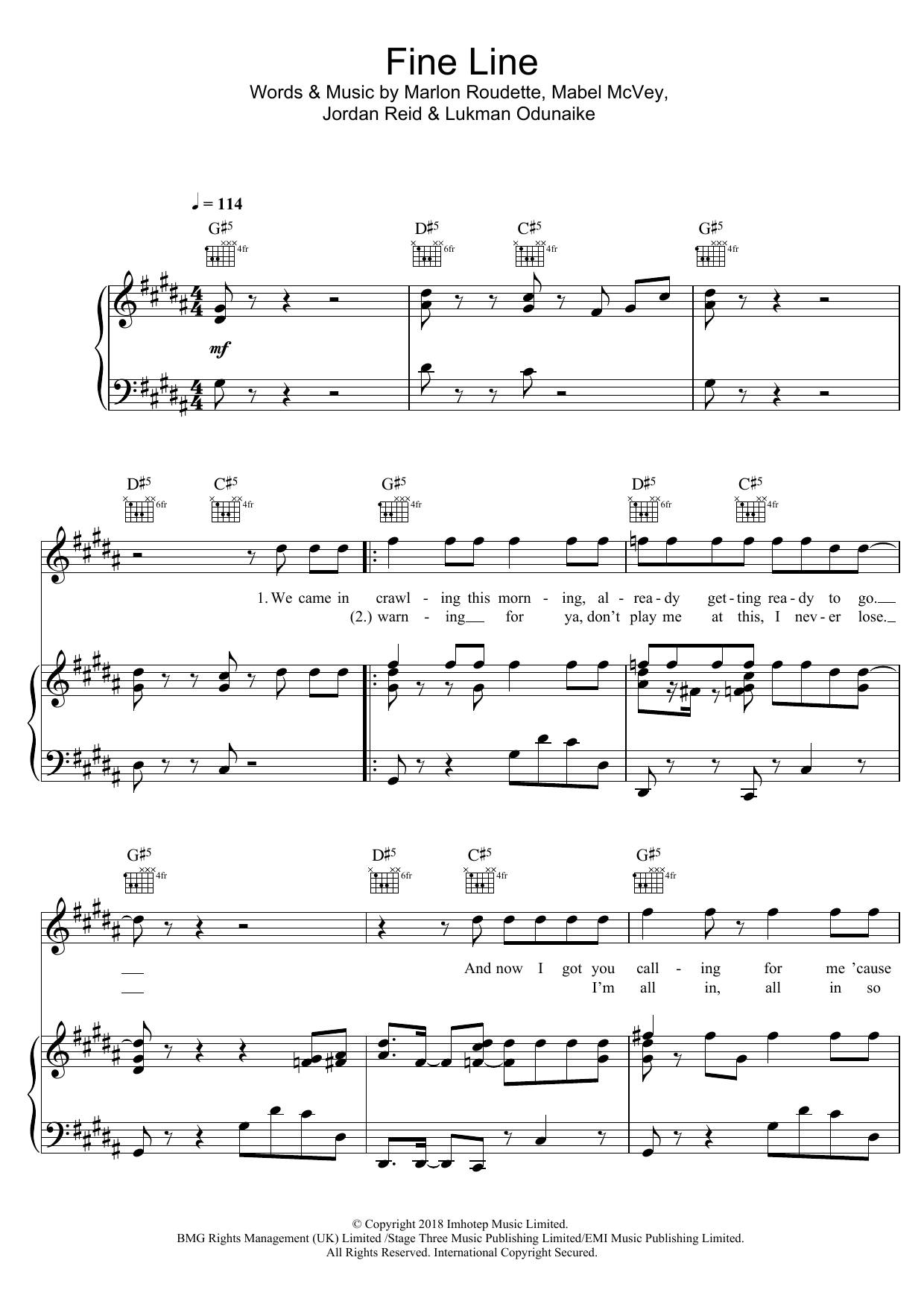 Mabel Fine Line (featuring Not3s) sheet music notes and chords arranged for Beginner Piano
