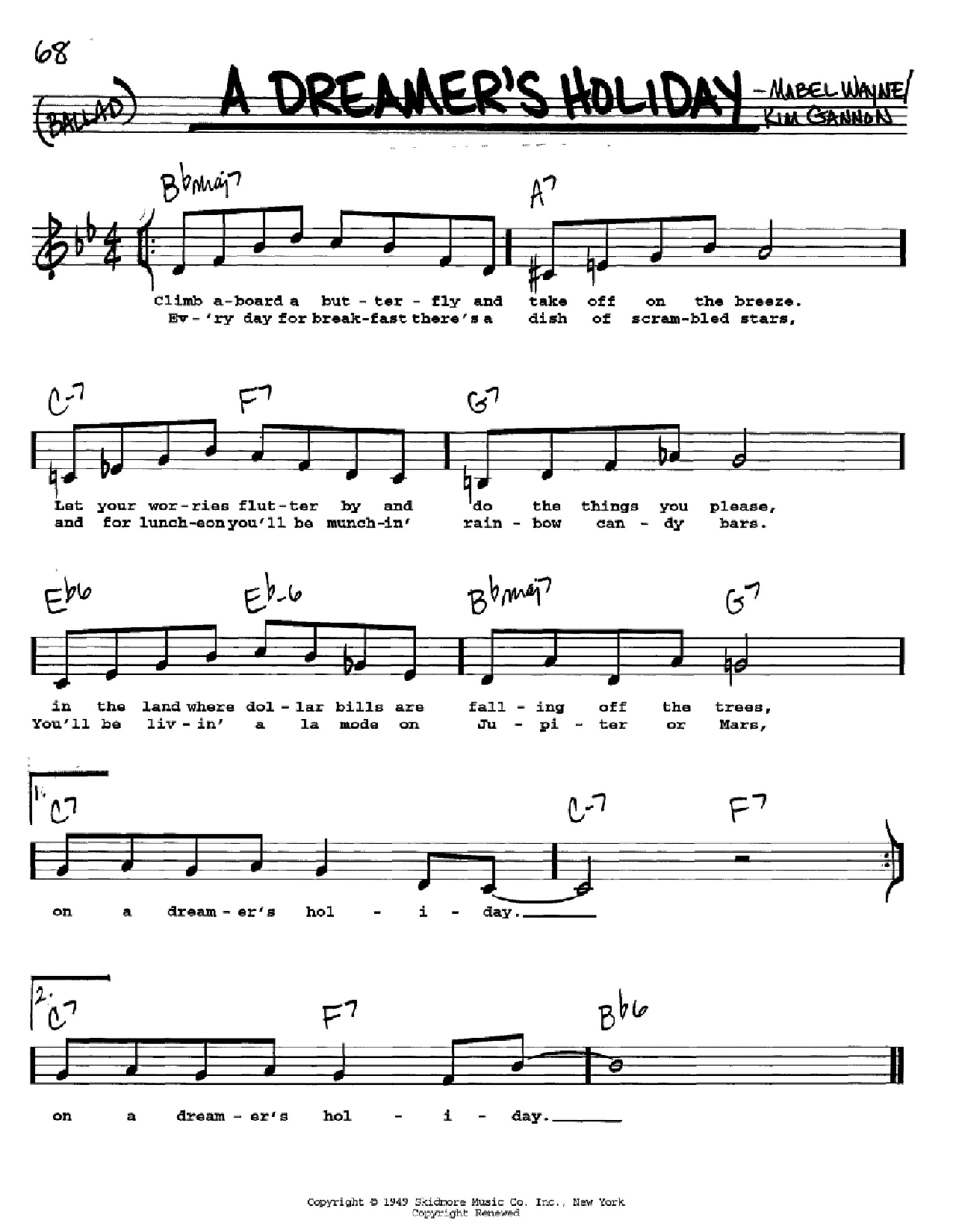 Mabel Wayne A Dreamer's Holiday sheet music notes and chords arranged for Real Book – Melody, Lyrics & Chords