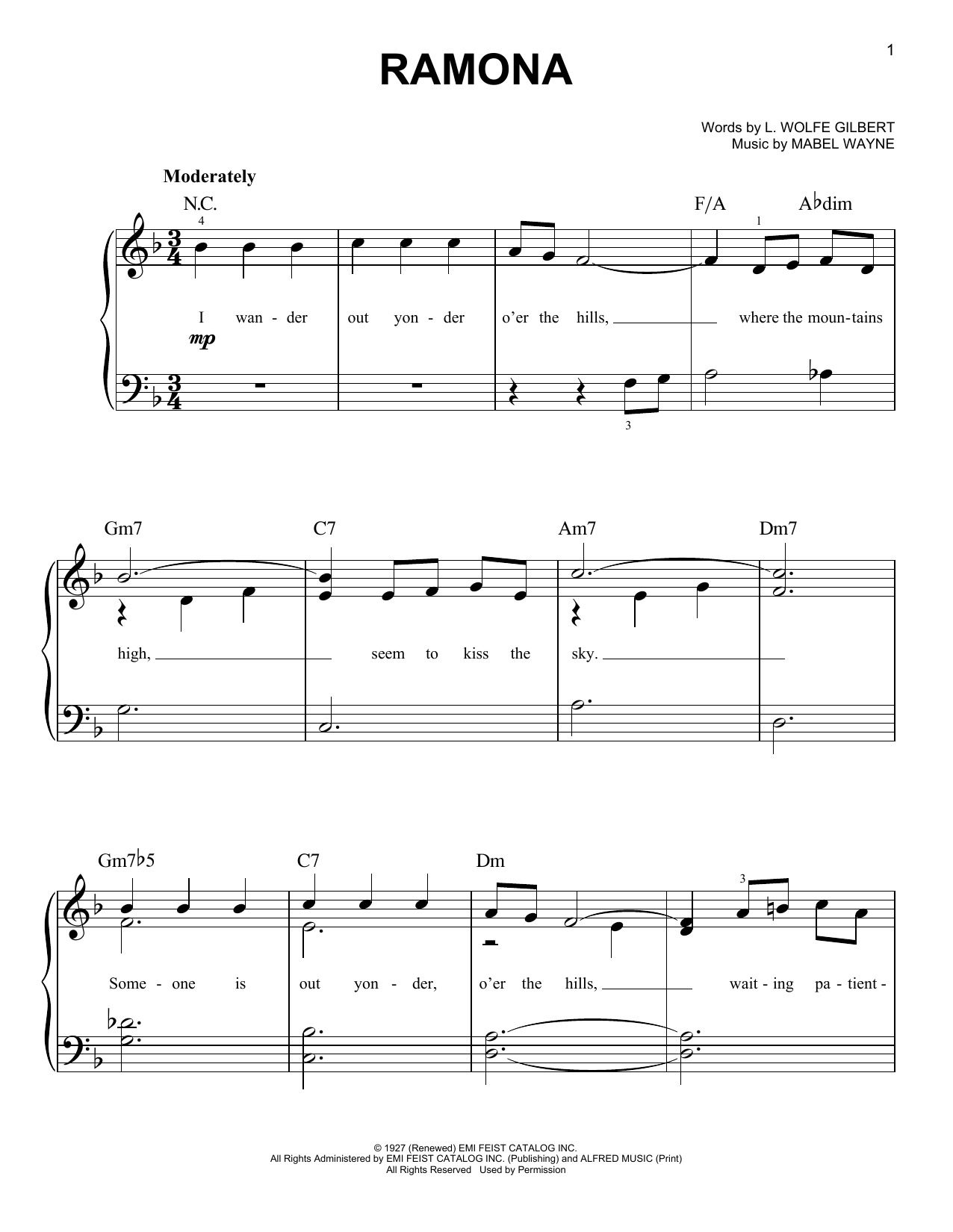 Mabel Wayne Ramona sheet music notes and chords arranged for Easy Piano