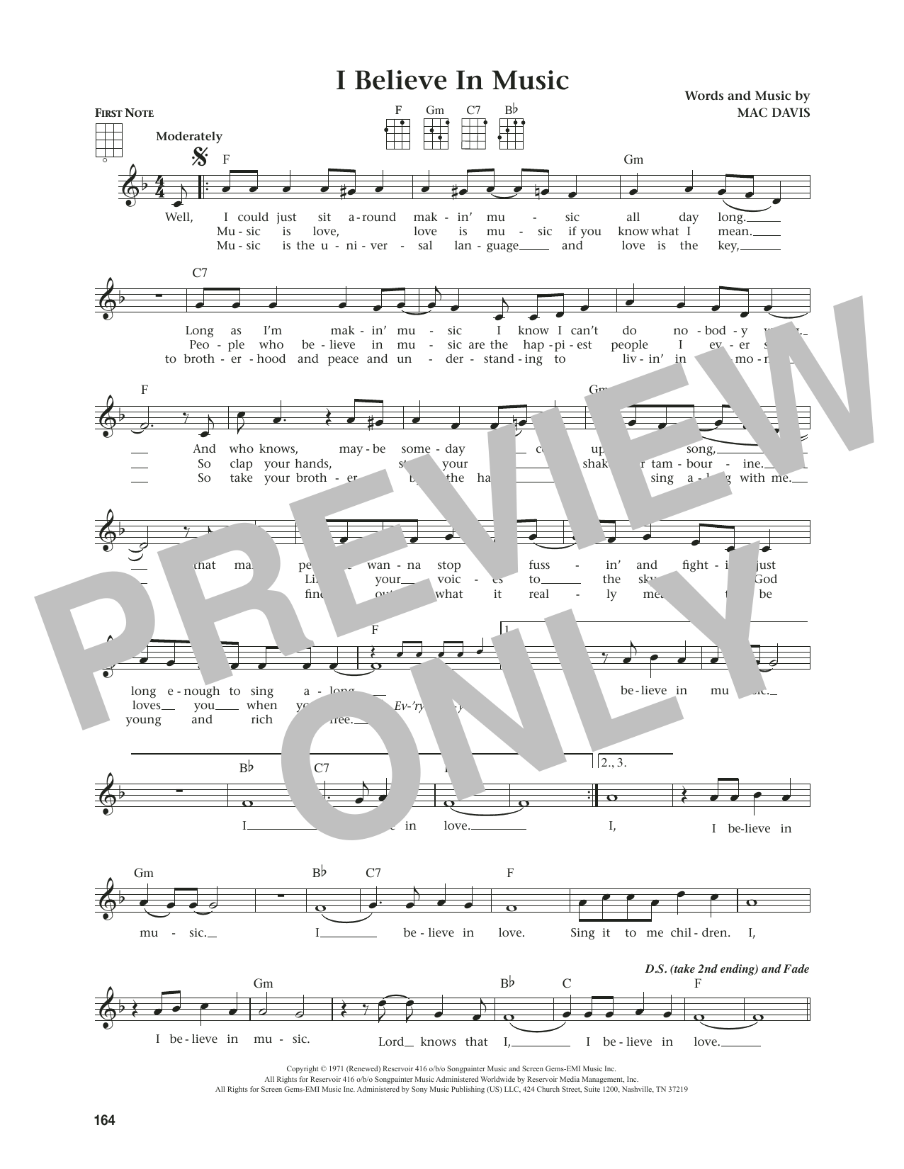 Mac Davis I Believe In Music (from The Daily Ukulele) (arr. Jim Beloff) sheet music notes and chords arranged for Ukulele