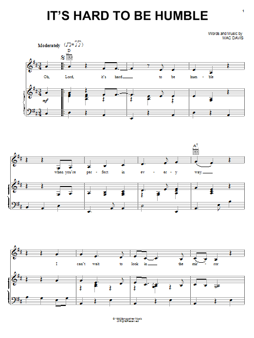 Mac Davis It's Hard To Be Humble sheet music notes and chords arranged for Piano, Vocal & Guitar Chords