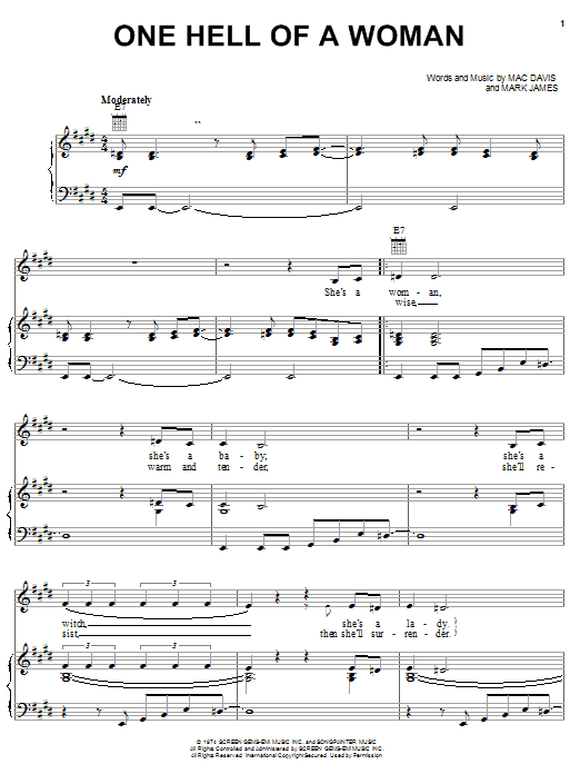 Mac Davis One Hell Of A Woman sheet music notes and chords arranged for Piano, Vocal & Guitar Chords (Right-Hand Melody)