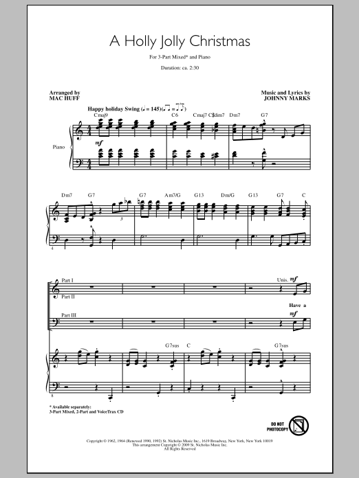 Mac Huff A Holly Jolly Christmas sheet music notes and chords arranged for 3-Part Mixed Choir