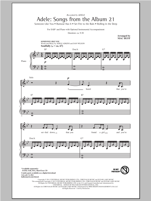 Mac Huff Adele: Songs From The Album 21 (Medley) sheet music notes and chords arranged for SAB Choir