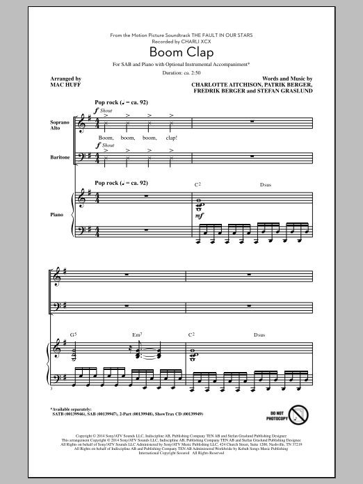 Mac Huff Boom Clap sheet music notes and chords arranged for SAB Choir