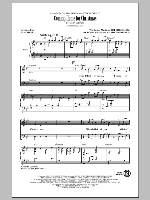 Mac Huff Coming Home For Christmas sheet music notes and chords arranged for SAB Choir