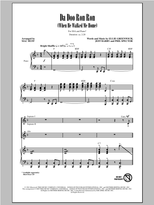 Mac Huff Da Doo Ron Ron (When He Walked Me Home) sheet music notes and chords arranged for SSA Choir