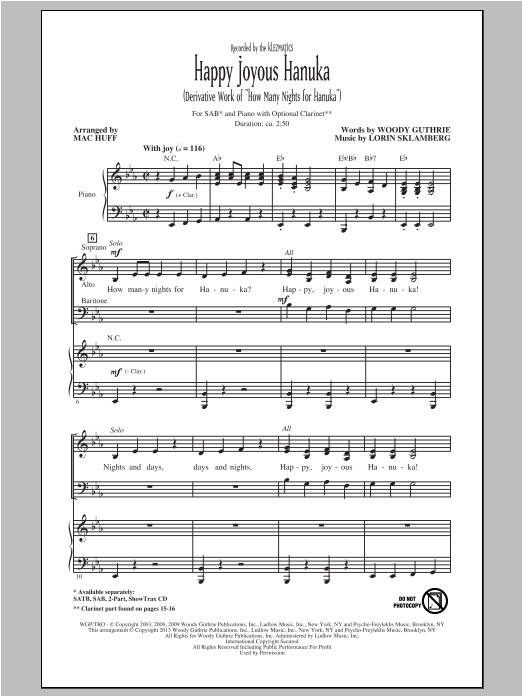 Mac Huff Happy Joyous Hanuka sheet music notes and chords arranged for 2-Part Choir