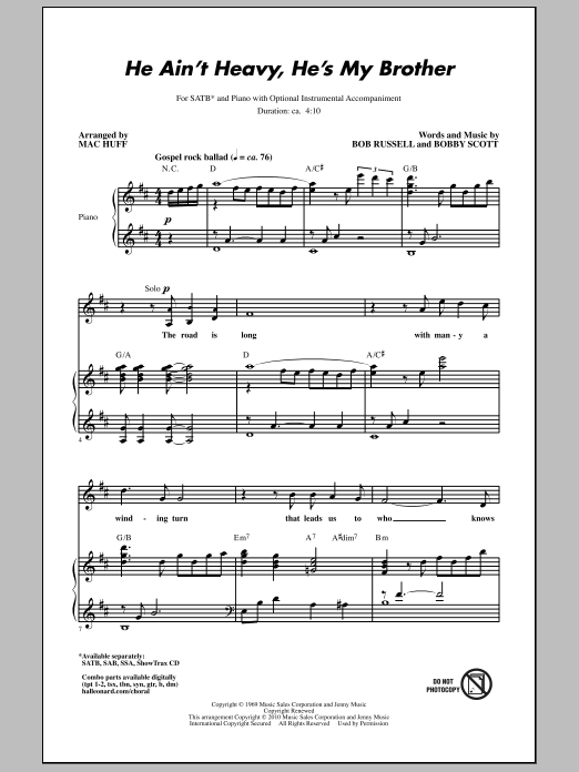 Mac Huff He Ain't Heavy, He's My Brother sheet music notes and chords arranged for SAB Choir
