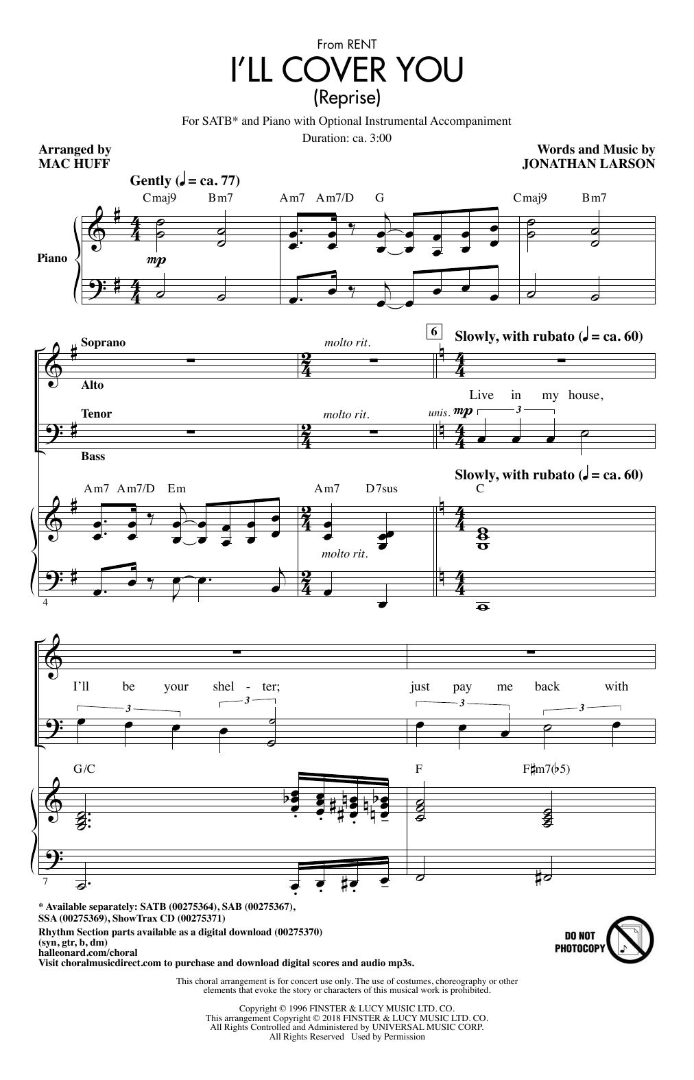 Mac Huff I'll Cover You (Reprise) sheet music notes and chords arranged for SATB Choir