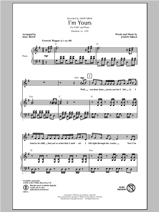 Mac Huff I'm Yours sheet music notes and chords arranged for TTBB Choir