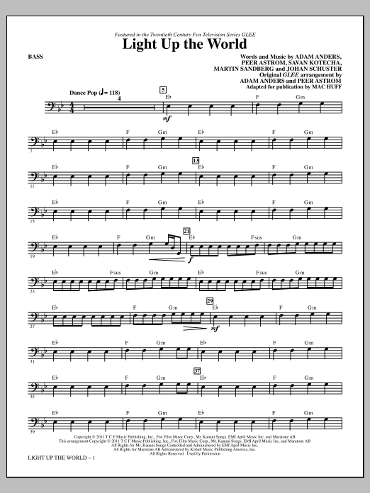 Mac Huff Light Up The World - Bass sheet music notes and chords arranged for Choir Instrumental Pak