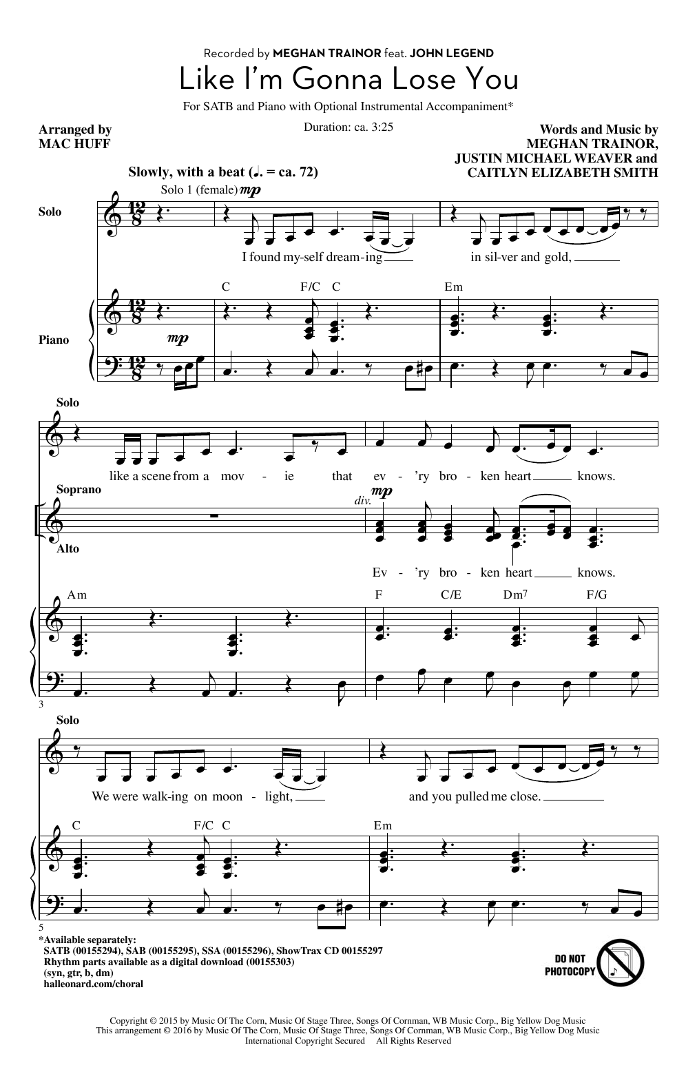 Mac Huff Like I'm Gonna Lose You sheet music notes and chords arranged for SAB Choir