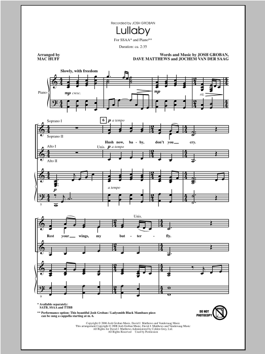 Mac Huff Lullaby sheet music notes and chords arranged for SSAA Choir