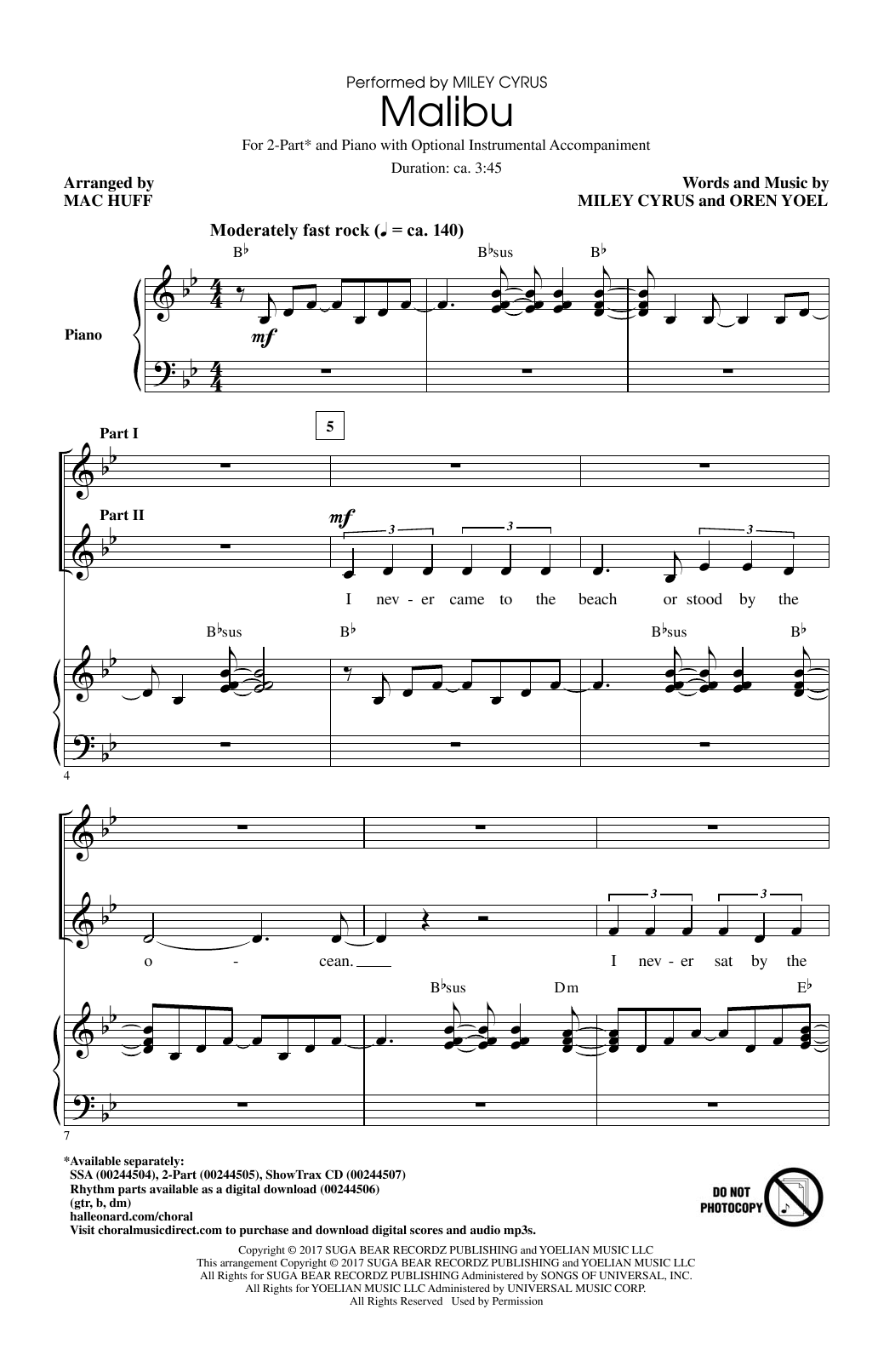 Mac Huff Malibu sheet music notes and chords arranged for SSA Choir