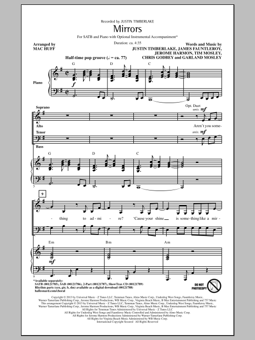 Mac Huff Mirrors sheet music notes and chords arranged for SATB Choir