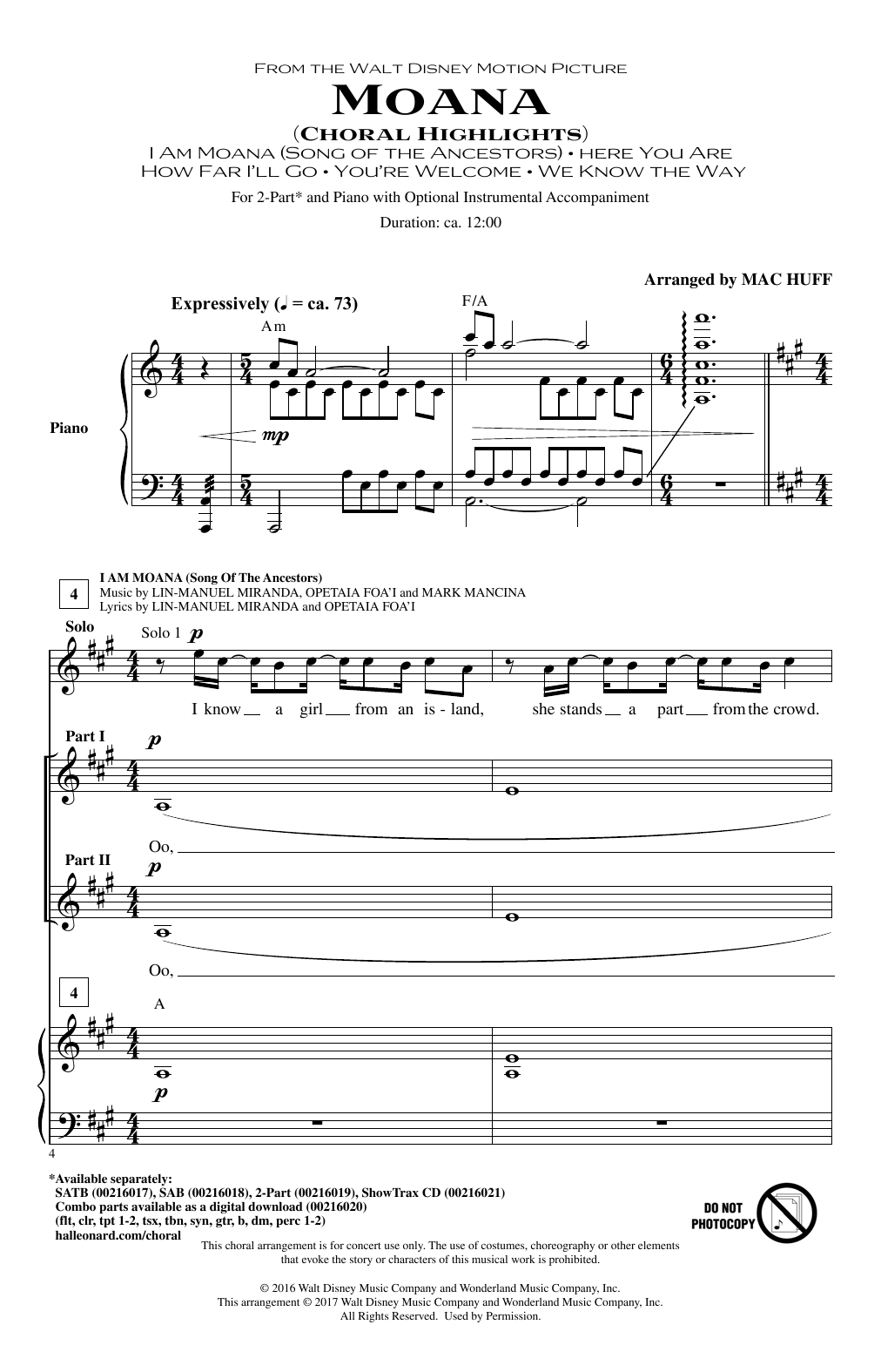 Mac Huff Moana (Choral Highlights) sheet music notes and chords arranged for SATB Choir
