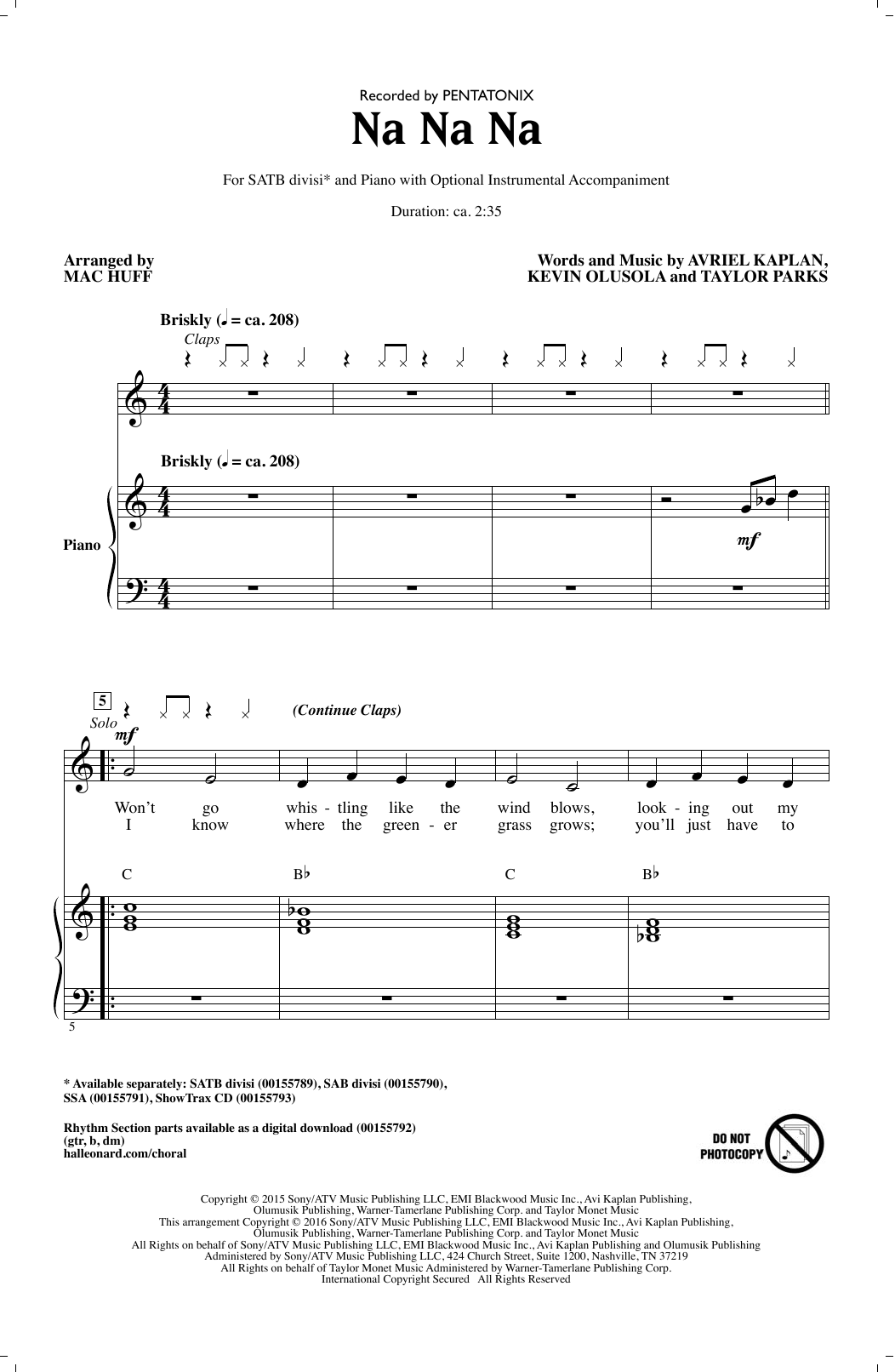 Mac Huff Na Na Na sheet music notes and chords arranged for SATB Choir