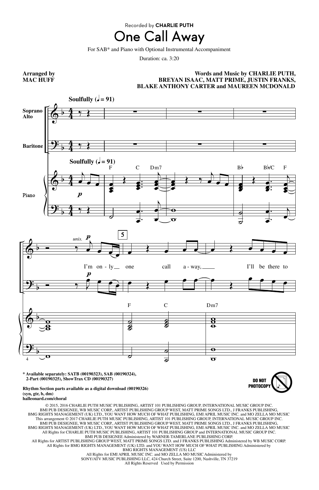 Mac Huff One Call Away sheet music notes and chords arranged for SAB Choir