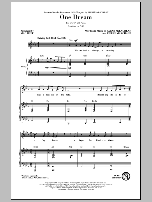 Mac Huff One Dream sheet music notes and chords arranged for SATB Choir
