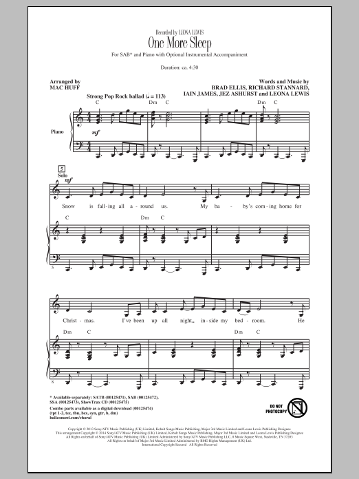 Mac Huff One More Sleep sheet music notes and chords arranged for SATB Choir