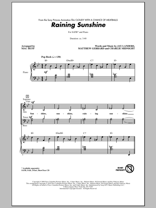 Mac Huff Raining Sunshine (from Cloudy With A Chance Of Meatballs) sheet music notes and chords arranged for SAB Choir