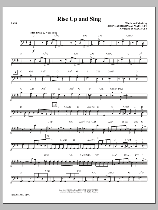 Mac Huff Rise Up And Sing - Bass sheet music notes and chords arranged for Choir Instrumental Pak